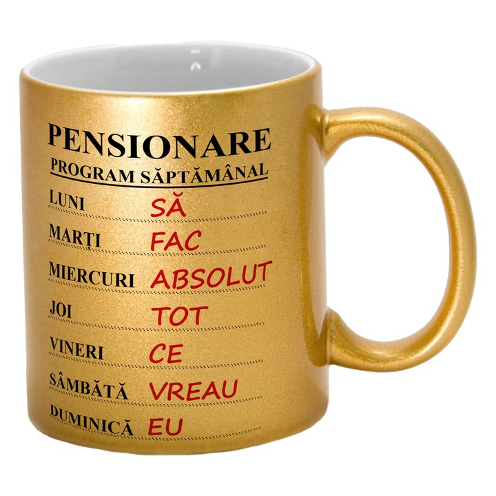 Cana personalizata sidefata aurie, Pensionare, 300 ml, Pop radu Daniel II