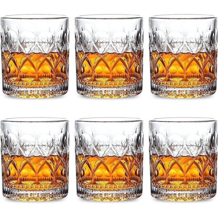 Set pahare whisky, Ronyes®, 6 piese, Sticla, Transparent, 8×9 cm, 300 ml