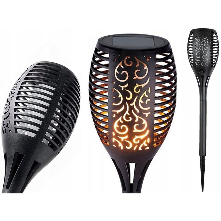 Lampa solara LED, PVC, Efect flacara, 12 leduri, 39cm, Negru