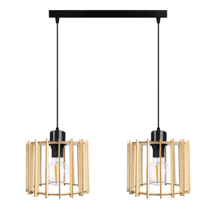 Lustra moderna, Metal, Interior, Abajur lemn, 75 cm, E27, 230V, Negru