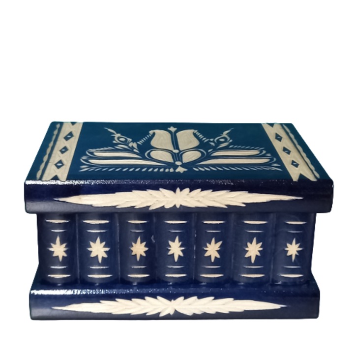 Cutie din lemn secreta, cu cheia ascunsa, sculptata manual, albastru, 14x10x7.5 cm