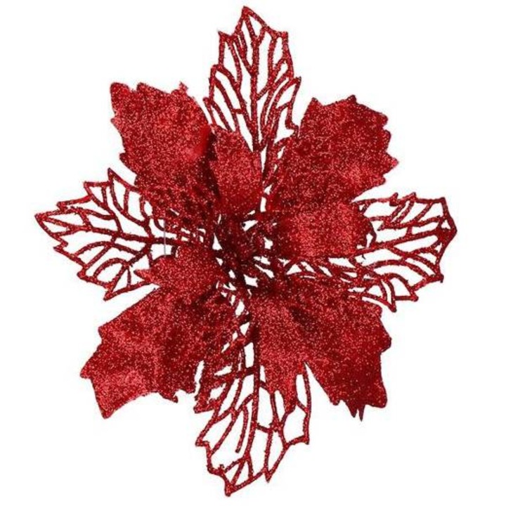 Floare artificiala pentru pomul de Craciun, Springos, Poinsettia, 14-16 cm, Rosu