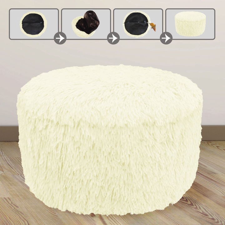 Puf gonflabil decorativ Bej 38x20cm, interior usor de umflat, husa imitatie blana shaggy