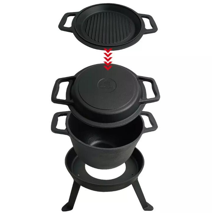 Ceaun 3 in 1 din fonta cu picioare si capac, 8 litri, negru, Kinghoff