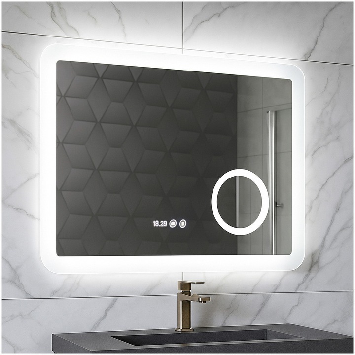 LED огледало за баня Badenmob 18500, Функция обезпотяване, Часовник, Термометър и лупа, 80x60 см
