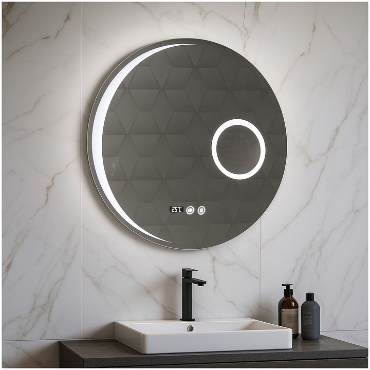 Огледало за баня Badenmob 18502 с LED осветление, Функция против запотяване, Часовник, термометър и лупа, D60 см