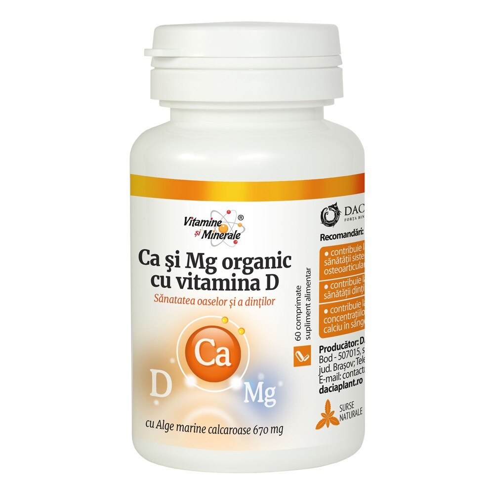 Calciu si Magneziu Organic cu Vitamina D, 60 Comprimate, Dacia Plant