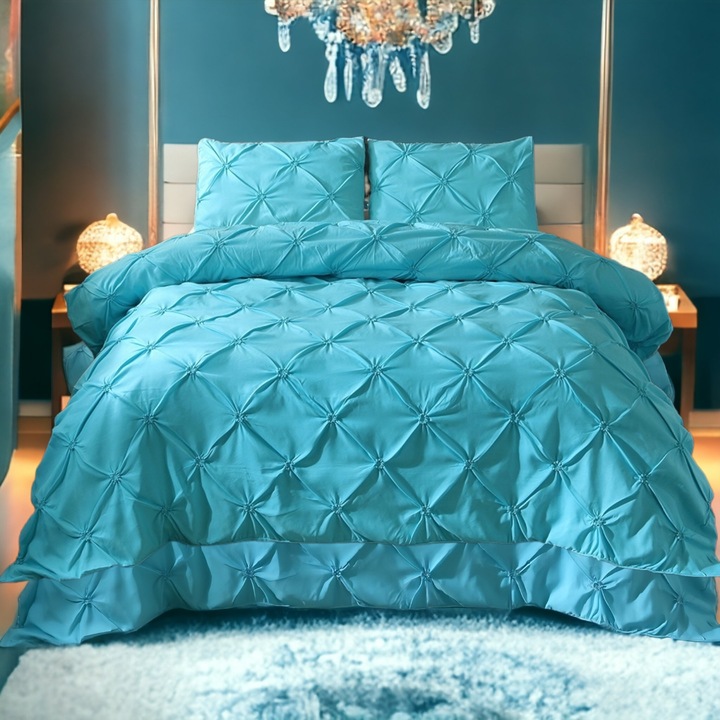 Двоен комплект спално бельо, памук, с бродирани плисета, 6 части, син, 220 х 240 см