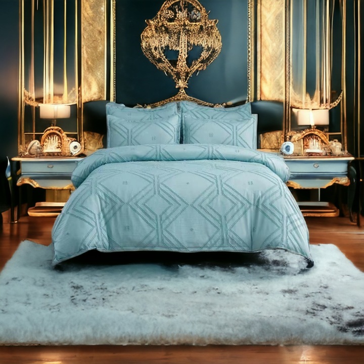 Спално бельо, 6 части, от памук, с кичури, бродирани във формата на диаманти, тюркоазено синьо, 220x240