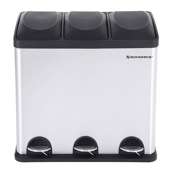 Cos de gunoi triple, Songmics, Inox, 3 pedale, Gri