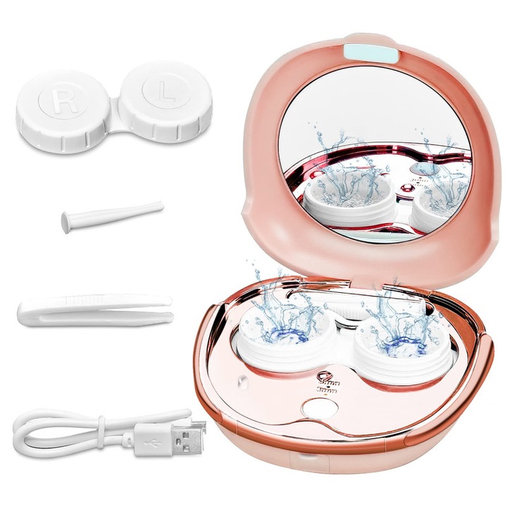 Dispozitiv curatare lentile de contact, husa pentru lentile de contact, JENUOS®, curatare cu ultrasunete, portabila, incarcare USB, 87×89×34mm, 68g, Roz​