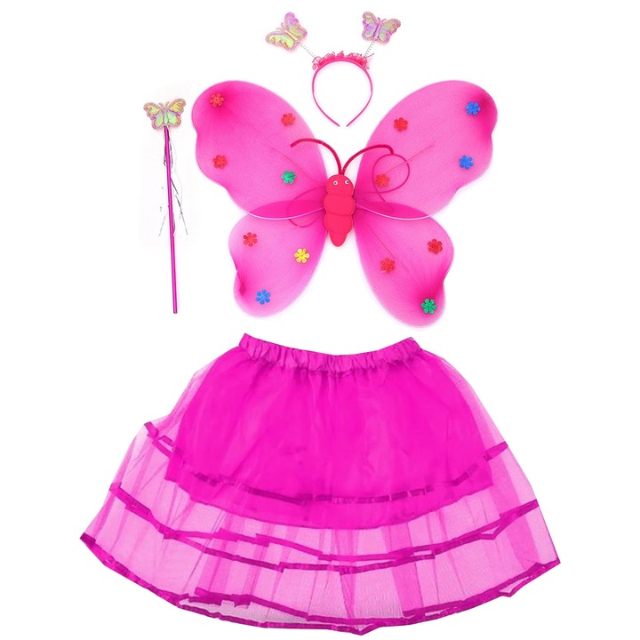 Set 4 piese, fustita, aripi de fluture cu leduri, bentita si bagheta pentru fete, Onomastica, Serbare, Petrecere, Halloween