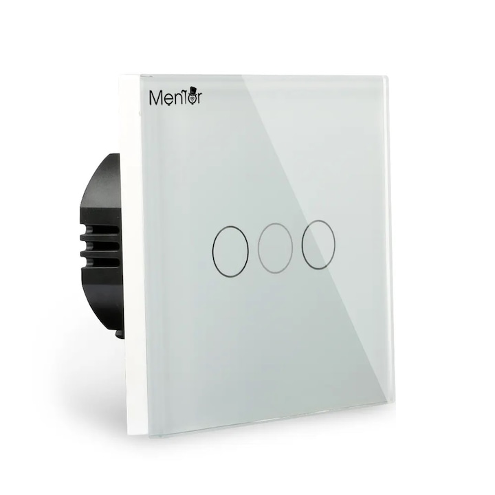 Intrerupator touch triplu inteligent wireless Mentor ES044 WiFi 3x600W, 10A, cu NUL, cu rama din sticla securizata, incastrat, indicator led, alb, control vocal prin Alexa, Google Assistant, Apple HomeKit Siri. Mentor Premium