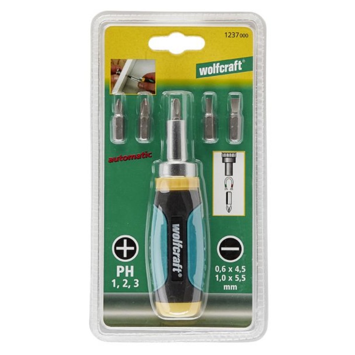 Mini-surubelnita clichet + 5biti Wolfcraft 1237000, lungime surubelnita 116 mm