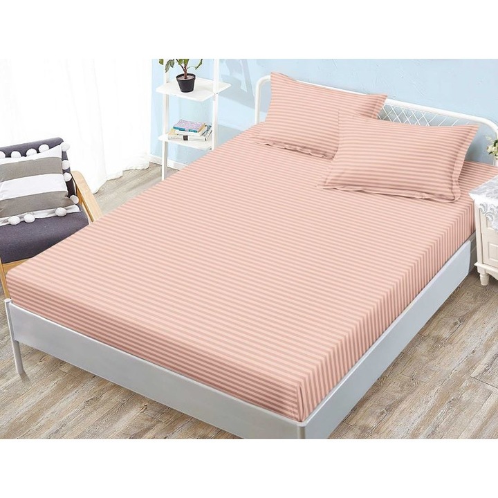 Husa de pat si 2 fete de perna, cu elastic, Sonia-Home, Damasc, 2 persoane, Uni, 160x200cm, Corai Prafuit