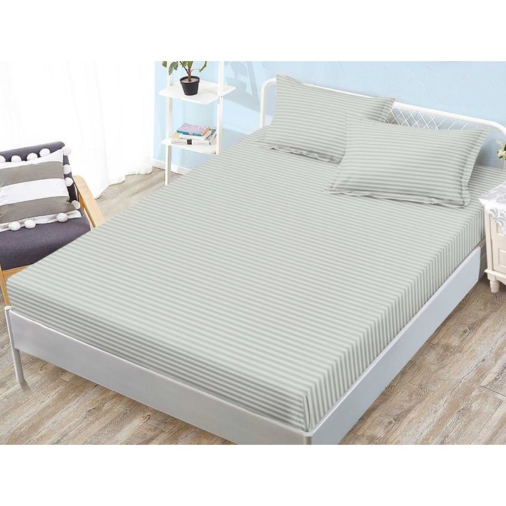 Husa de pat si 2 fete de perna, cu elastic, Sonia-Home, Damasc, 2 persoane, Uni, 180x200cm, Gri Deschis