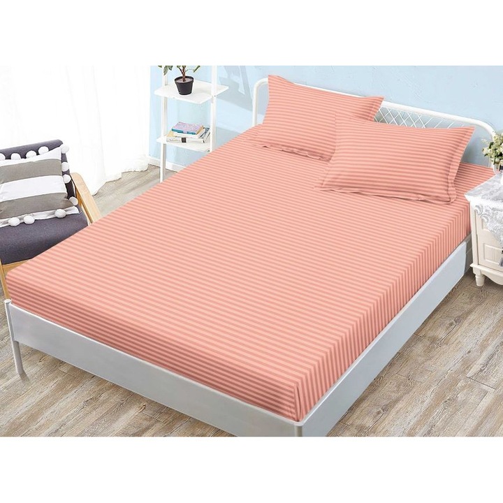 Husa de pat si 2 fete de perna, cu elastic, Sonia-Home, Damasc, 2 persoane, Uni, 180x200cm, Corai