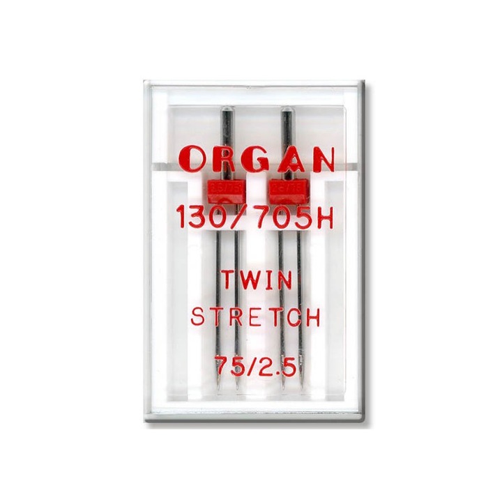 2 db Organ Twin Stretch dupla tűkészlet háztartási varrógépekhez, 75-ös finomság 2,5 mm-es tűtávolsággal, rugalmas anyagokhoz