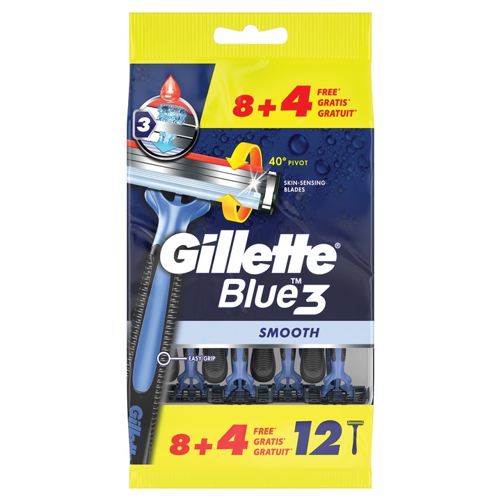 Set 12 aparate de ras Blue 3 Smooth, Gilette, Unica folosinta, Albastru
