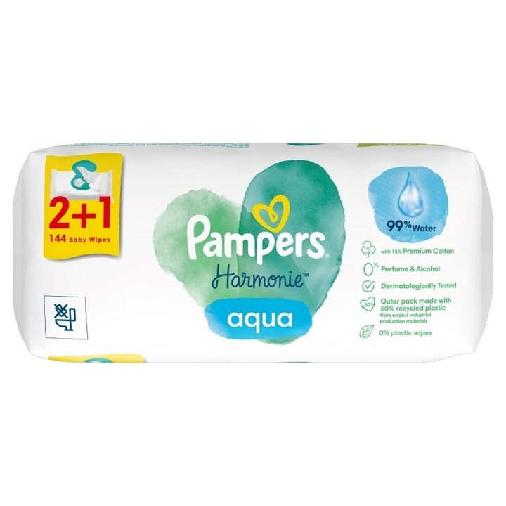 Servetele bebelusi Pampers, Harmonie Aqua, Fara alcool, Fara parfum, 3x48 buc