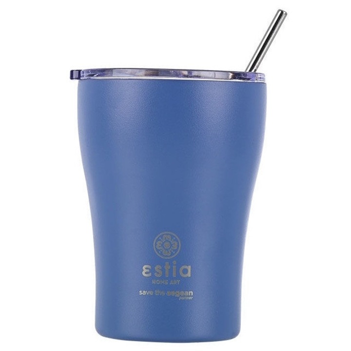 Cana de cafea cu pai, Estia, Save The Aegean, Inox, 350 ml, 12.1 x 8.7 x 8.7 cm, Albastru