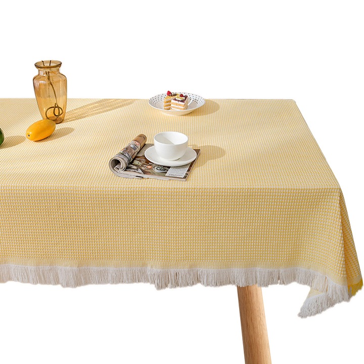 YANYXR téglalap alakú sárga pamut asztalterítő 140x180cm bojtos