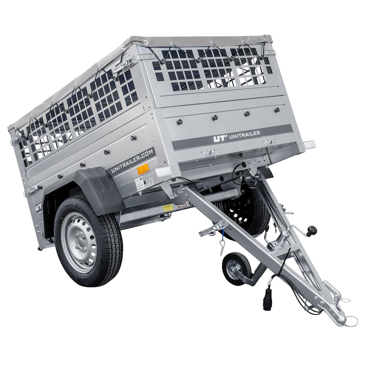 Remorca mica cu o singura axa Unitrailer GARDEN TRAILER 150 KIPP cu o roata de sustinere, parti laterale din plasa si un capac plat gri