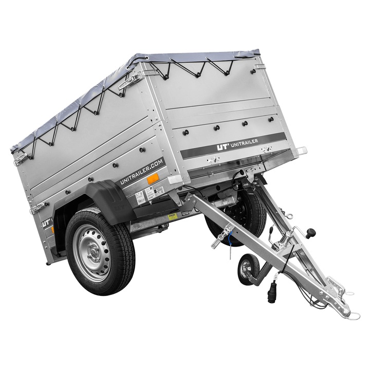 Remorca UNITRAILER GARDEN TRAILER 150 KIPP cu roata de sprijin, obloane BIS si prelata gri
