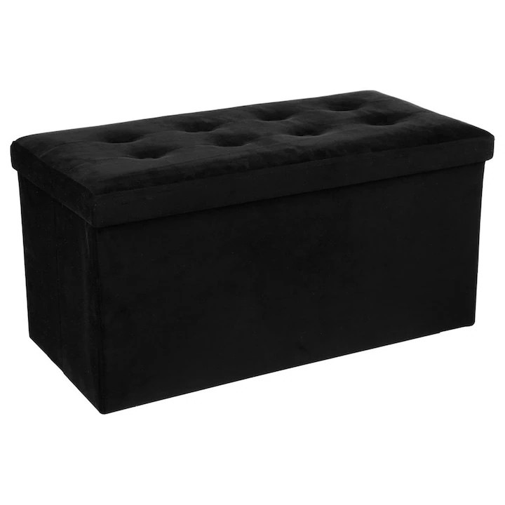 Puf Cu Spatiu De Depozitare, Atmosphera, Model Adaline, Pliabil, Din Catifea, Sezut Moale, Pentru Stat Jos Sau Ca Suport Pentru Picioare, 76 x 38 Cm, Greutate Maxima 170 Kg, Negru