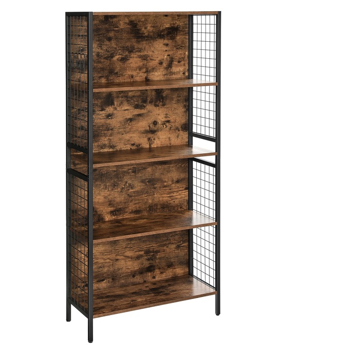 VASAGLE Biblioteca, raft cu 4 niveluri, cadru otel si polite din MDF, 74x30x155cm, maro rustic si negru