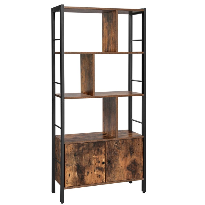 VASAGLE Biblioteca cu 4 rafturi si dulap inferior cu 2 usi, stil industrial, 74x30x155cm, maro rustic-