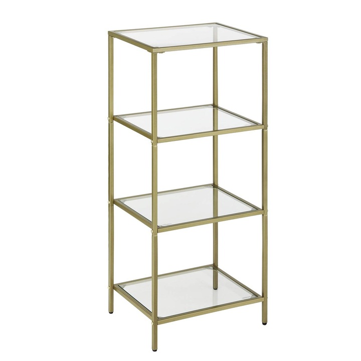 Raft, Songmics, LGT28G, 4 niveluri, panouri din sticla calita de 4 mm, picioare reglabile, Inaltime: 95 cm, Latime: 40 cm, Adancime: 30 cm, Auriu