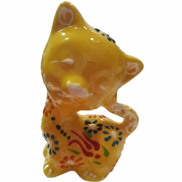 Ahelos figura, Macska, Kézzel készített, Kerámia, Sárga, 11x8 cm