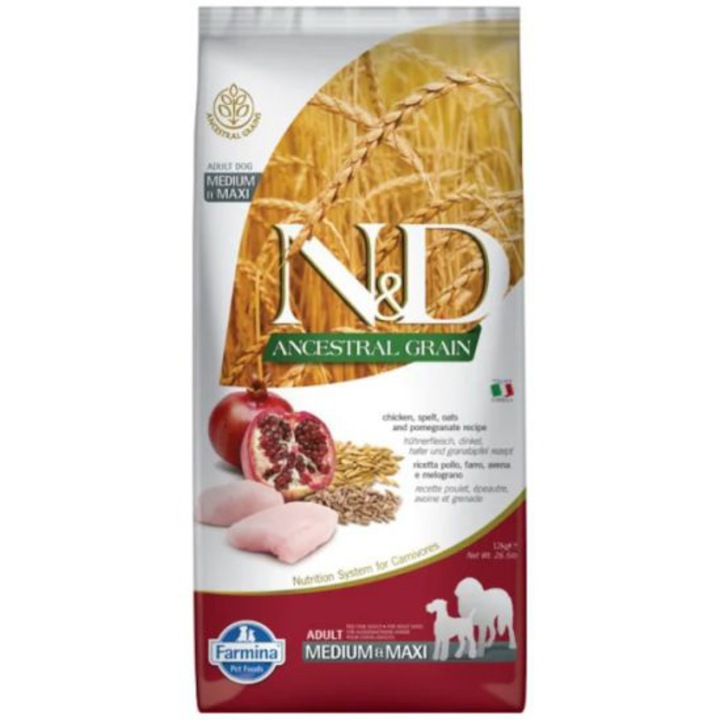N&D Adult Medium & Maxi Száraz kutyaeledel, Csirke, tönkölybúza, zab és gránátalma, 2,5 kg