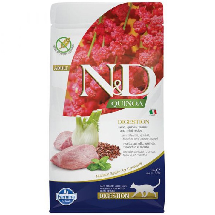 Hrana uscata pentru pisici N&D, Digestive, miel & quinoa, 1.5 Kg