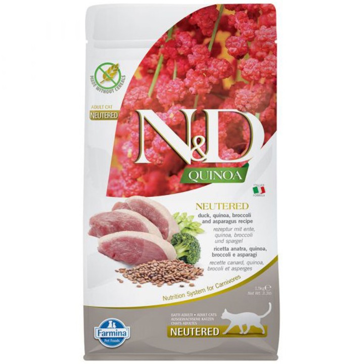Hrana uscata pentru pisici N&D, Sterilised, quinoa, rata, brocoli, sparanghel, 1.5 Kg