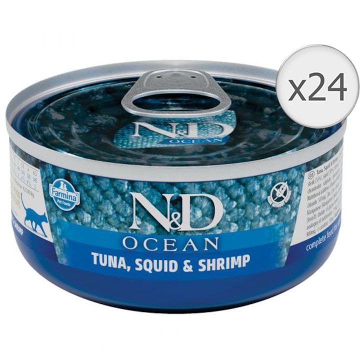 Hrana umeda pentru pisici N&D ocean, ton, mar, crevete, 30 x 70 g