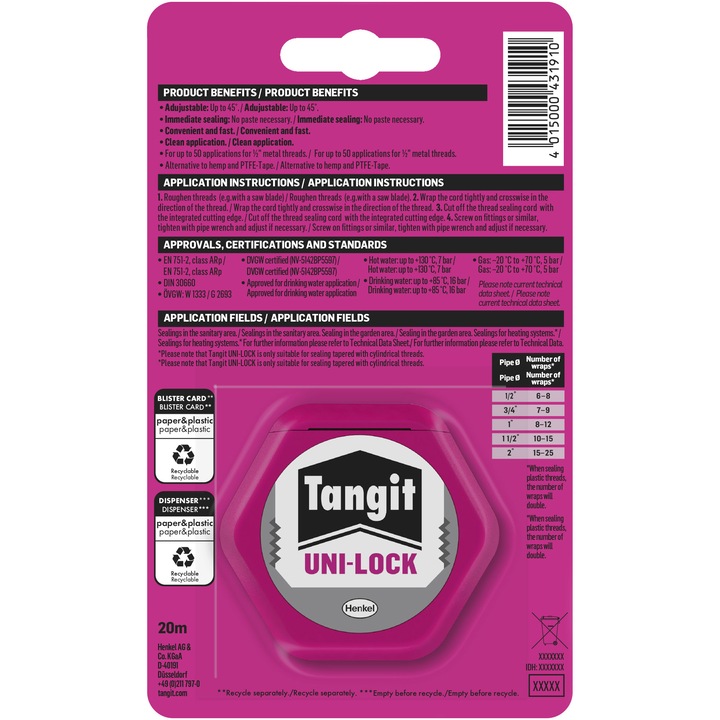 Etansant Uni-Lock pentru tevi de apa si gaz Tangit, 20 m