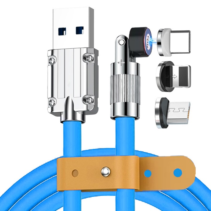 Mágneses töltőkábel TimeBox, 3 az 1-ben, Fast Charge 120W, 180 fokos forgatás, USB, Type C, iOS, Micro-USB, Kompatibilis Samsung, iPhone, Huawei, MacBook laptop, Xiaomi, Kék