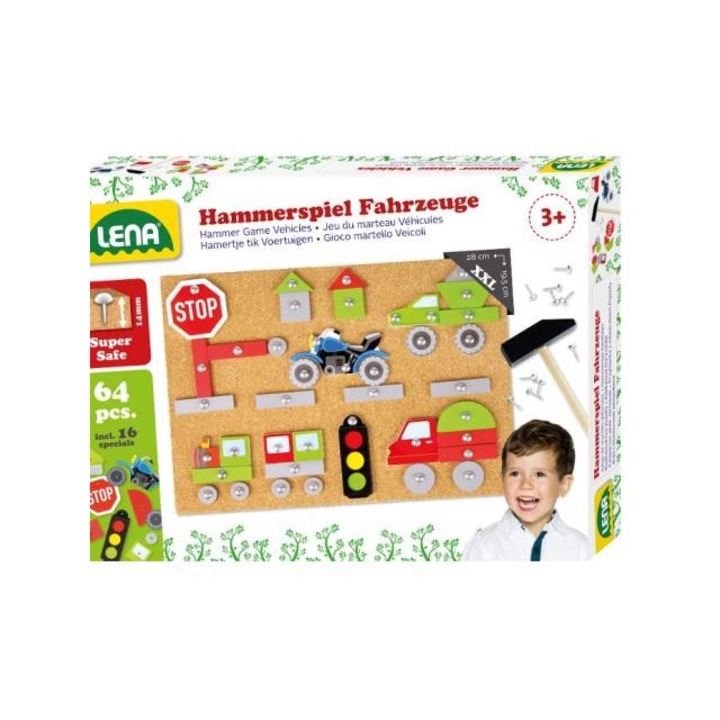 LENA 2871506 LENA: Kalapácsos parafatábla játékszett 64db-os - Járművek és közlekedés