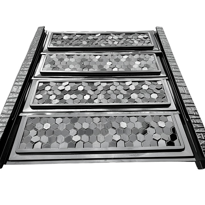 Set matrita gard, panou intreg, 4 matrite mijloc si 2 stalpi, model Fagure Piatra, plastic ABS, negru