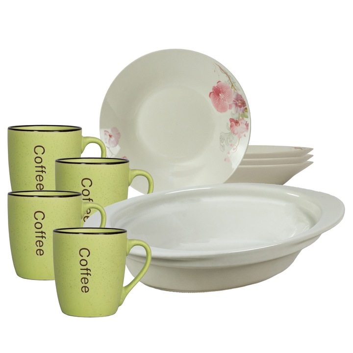 Set vesela, 4 persoane, 9 piese, cana verde, farfurie adanca, tava termorezistenta, Portelan decorat cu Orhidee
