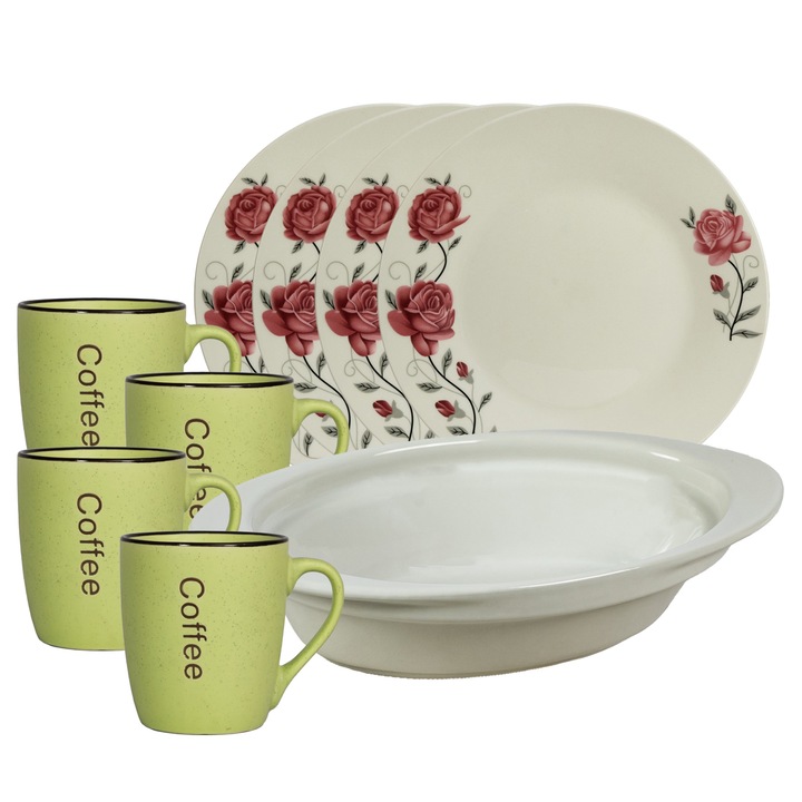 Set vesela, 4 persoane, 9 piese, cana verde, farfurie intinsa, tava termorezistenta, Portelan decorat cu Trandafiri roz