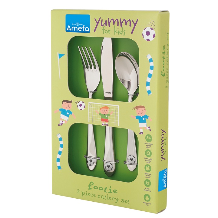 Комплект прибори за деца Amefa Footie, Подаръчна кутия, 3 части, Неръждаема стомана 18/0, 2.5 мм