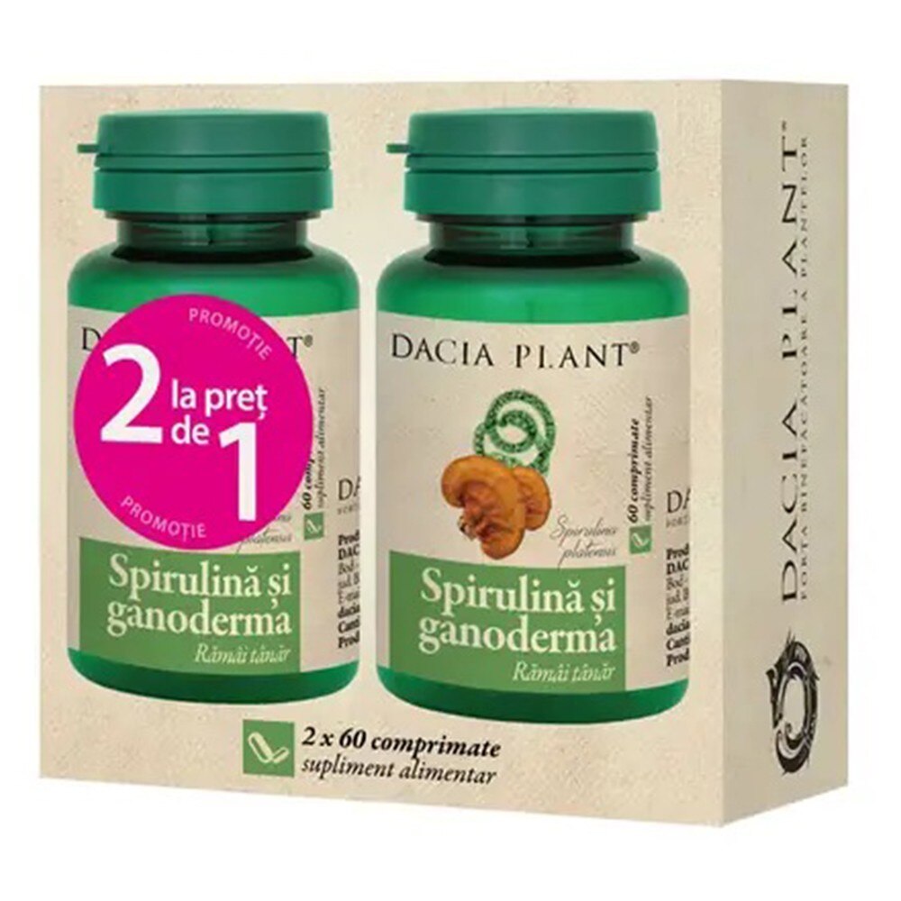 Set 2 x Spirulina si Ganoderma, 60 Comprimate 1+1 Cadou, Dacia Plant