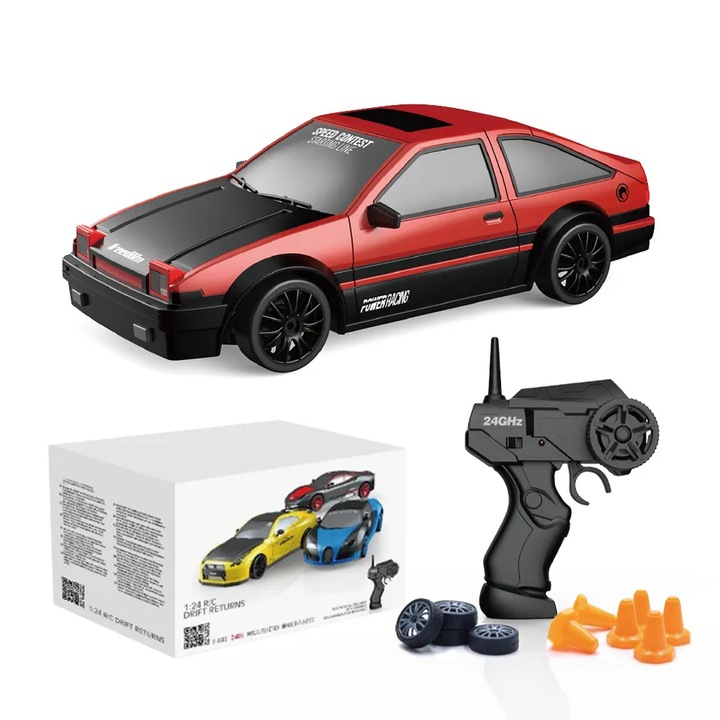 Távirányítós autó, RC, 1/24, drift, 4WD, 15km/h, led lámpák, cserélhető gumik, piros