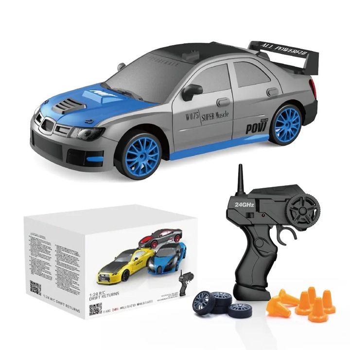 Távirányítós autó, RC, 1/24, drift, 4WD, 15km/h, led lámpák, cserélhető gumik, szürke