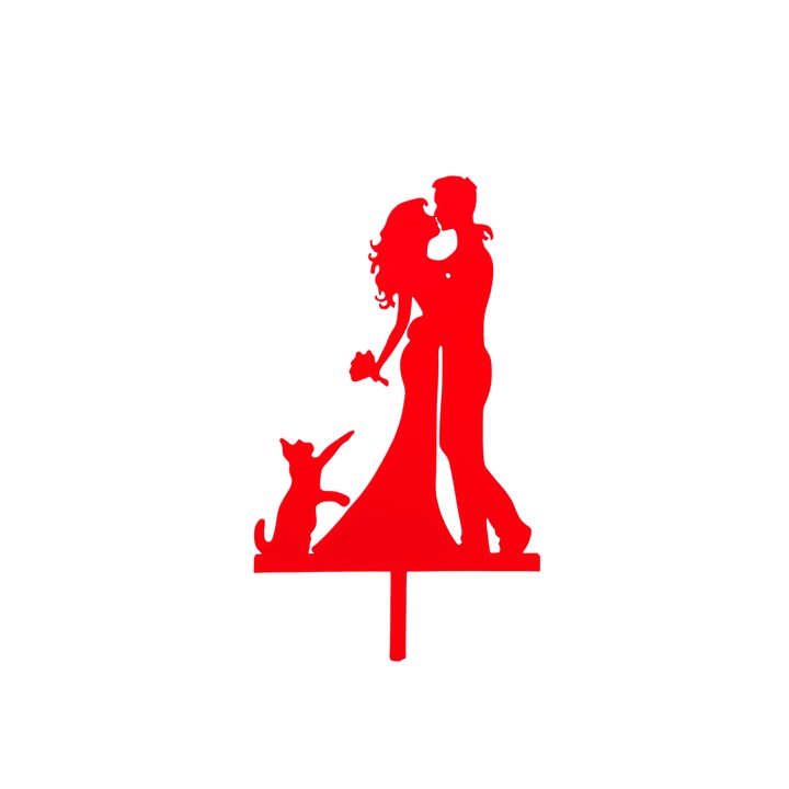 Декорация за торта, "BRIDE AND BRIDE WITH CAT", любители на котки, булка и младоженец с котка, 18 х 10 см червено