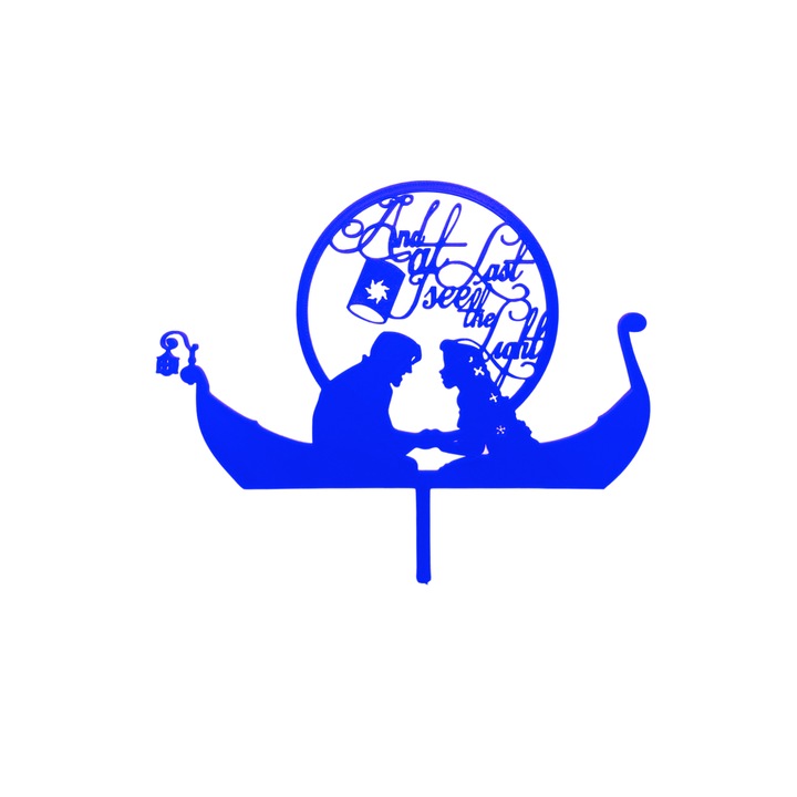 Tortafedő díszítés, "ÉS VÉGRE LÁTOM A FÉNYT", disney páros, 15,5 x 18 cm kék