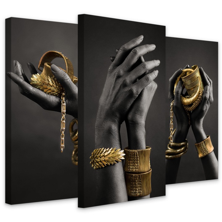Set 3 tablouri canvas Femeie africana cu bijuterii din aur 180x120cm